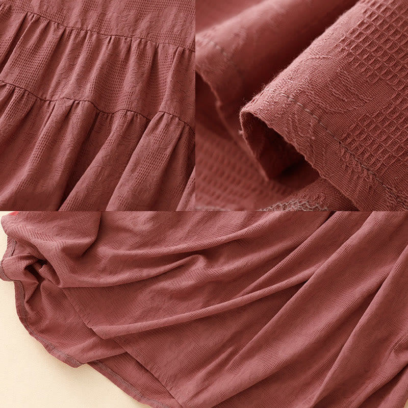 Buddha Stones Summer Jacquard Plain Elastic Cuff Design Crew Neck Short Sleeve Cotton Midi Dress