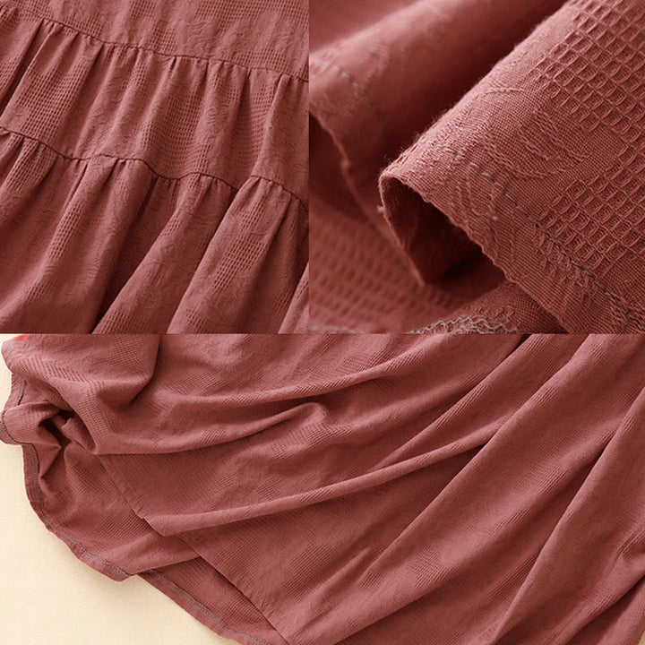 Buddha Stones Summer Jacquard Plain Elastic Cuff Design Crew Neck Short Sleeve Cotton Midi Dress