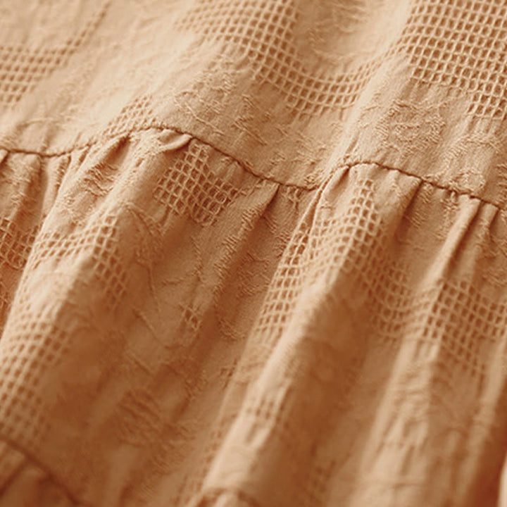 Buddha Stones Summer Jacquard Plain Elastic Cuff Design Crew Neck Short Sleeve Cotton Midi Dress