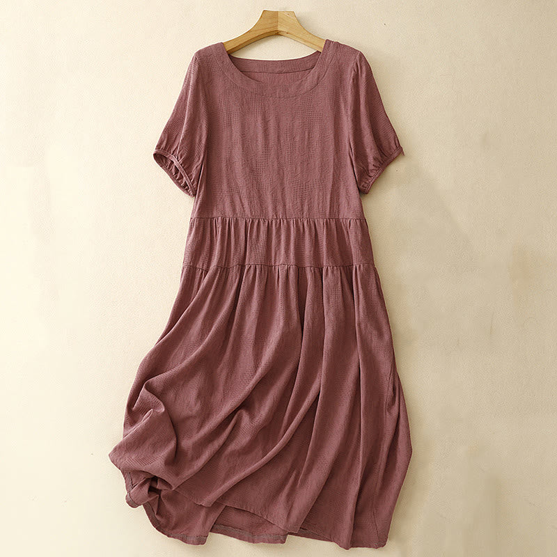 Buddha Stones Summer Jacquard Plain Elastic Cuff Design Crew Neck Short Sleeve Cotton Midi Dress