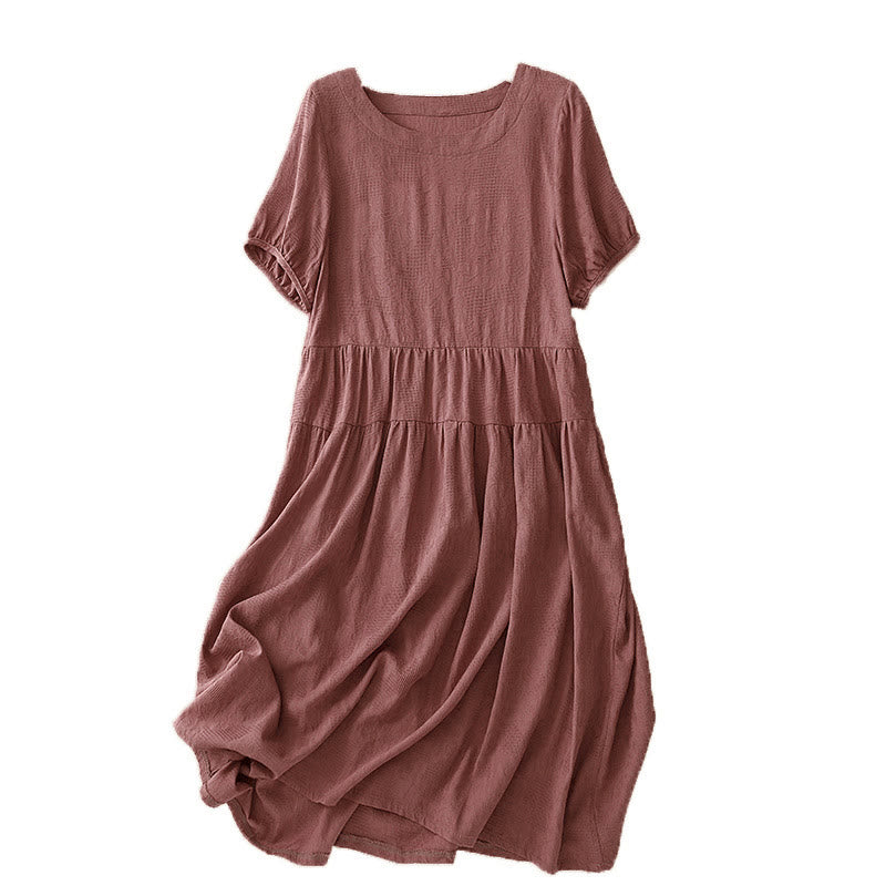 Buddha Stones Summer Jacquard Plain Elastic Cuff Design Crew Neck Short Sleeve Cotton Midi Dress