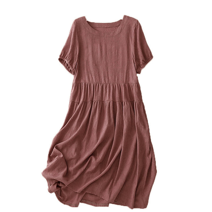 Buddha Stones Summer Jacquard Plain Elastic Cuff Design Crew Neck Short Sleeve Cotton Midi Dress