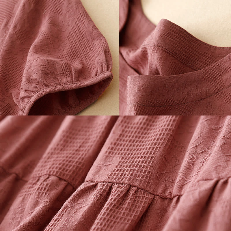 Buddha Stones Summer Jacquard Plain Elastic Cuff Design Crew Neck Short Sleeve Cotton Midi Dress