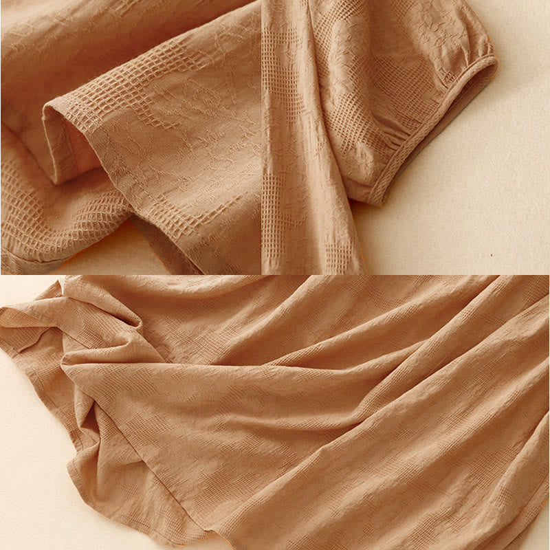 Buddha Stones Summer Jacquard Plain Elastic Cuff Design Crew Neck Short Sleeve Cotton Midi Dress