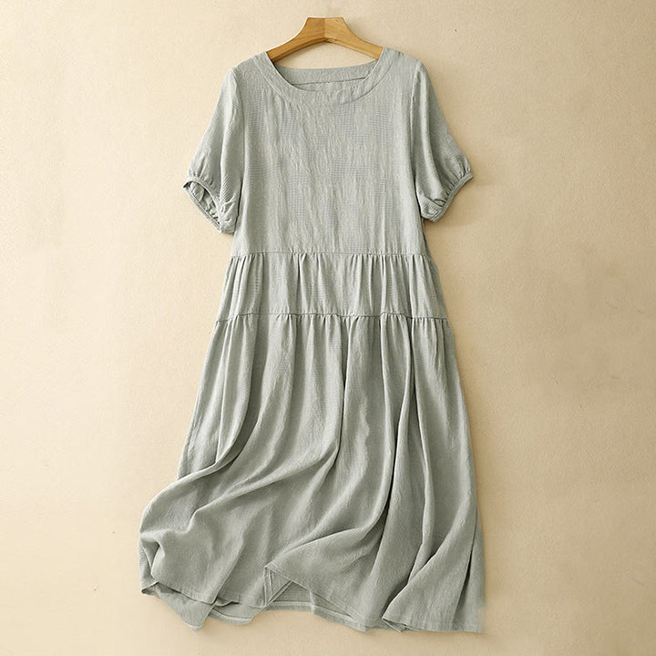 Buddha Stones Summer Jacquard Plain Elastic Cuff Design Crew Neck Short Sleeve Cotton Midi Dress