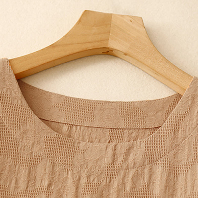 Buddha Stones Summer Jacquard Plain Elastic Cuff Design Crew Neck Short Sleeve Cotton Midi Dress