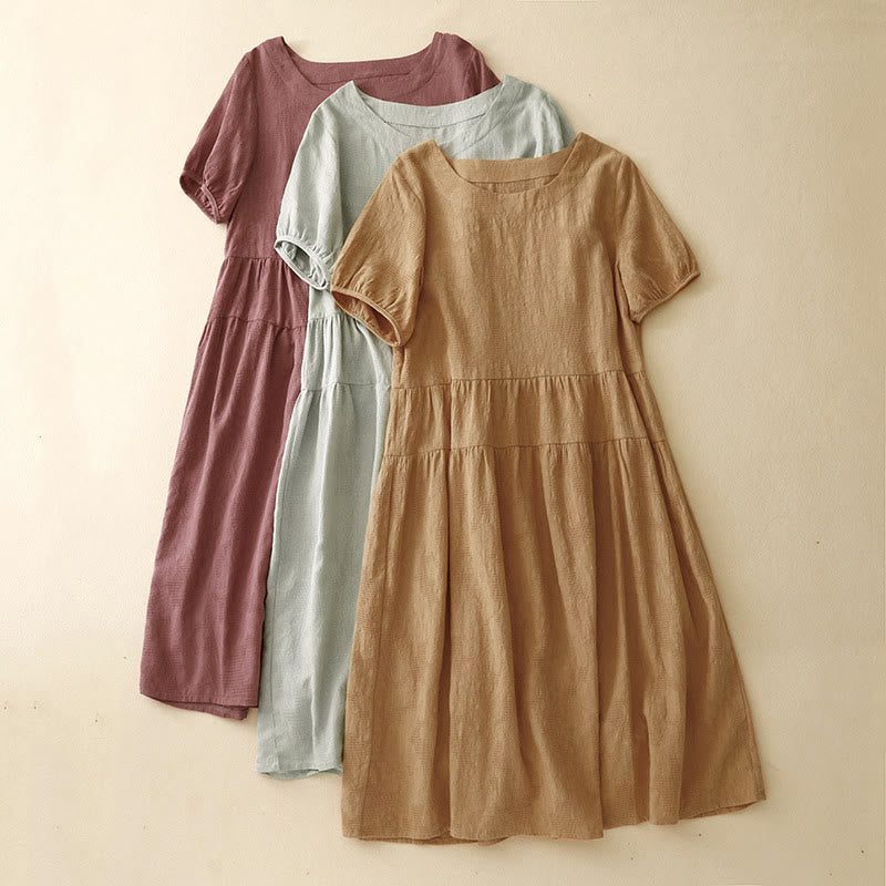 Buddha Stones Summer Jacquard Plain Elastic Cuff Design Crew Neck Short Sleeve Cotton Midi Dress