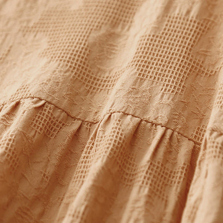 Buddha Stones Summer Jacquard Plain Elastic Cuff Design Crew Neck Short Sleeve Cotton Midi Dress