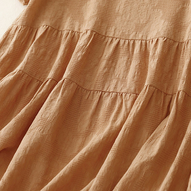 Buddha Stones Summer Jacquard Plain Elastic Cuff Design Crew Neck Short Sleeve Cotton Midi Dress