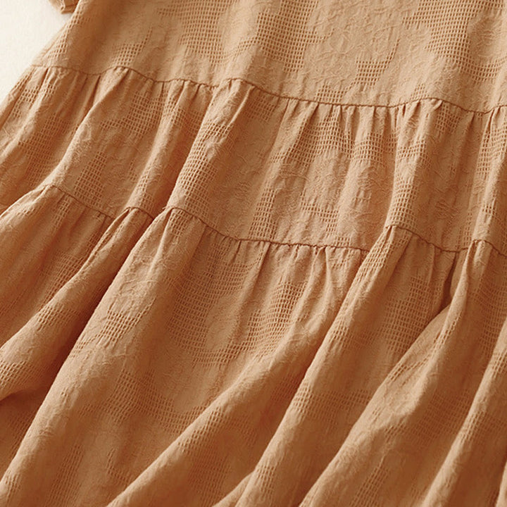 Buddha Stones Summer Jacquard Plain Elastic Cuff Design Crew Neck Short Sleeve Cotton Midi Dress