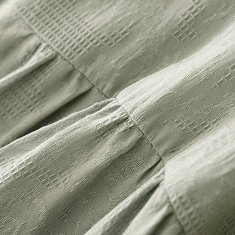 Buddha Stones Summer Jacquard Plain Elastic Cuff Design Crew Neck Short Sleeve Cotton Midi Dress