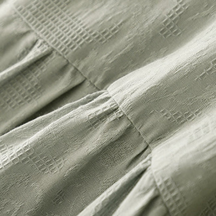 Buddha Stones Summer Jacquard Plain Elastic Cuff Design Crew Neck Short Sleeve Cotton Midi Dress