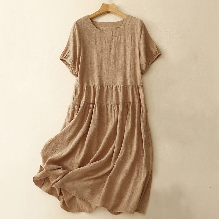 Buddha Stones Summer Jacquard Plain Elastic Cuff Design Crew Neck Short Sleeve Cotton Midi Dress