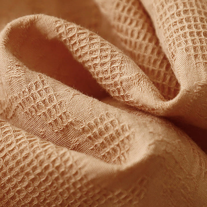 Buddha Stones Summer Jacquard Plain Elastic Cuff Design Crew Neck Short Sleeve Cotton Midi Dress