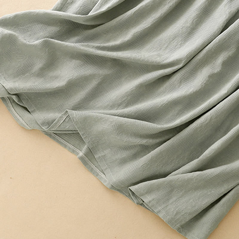 Buddha Stones Summer Jacquard Plain Elastic Cuff Design Crew Neck Short Sleeve Cotton Midi Dress