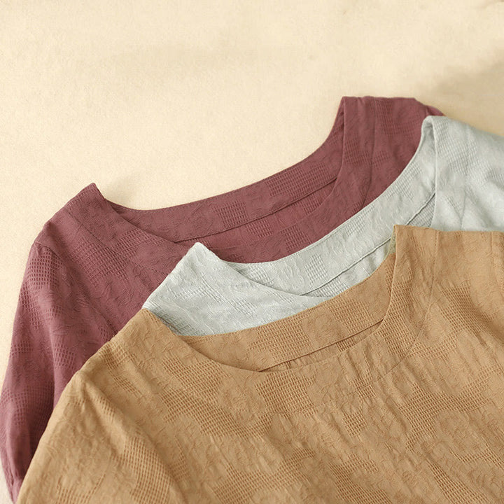 Buddha Stones Summer Jacquard Plain Elastic Cuff Design Crew Neck Short Sleeve Cotton Midi Dress