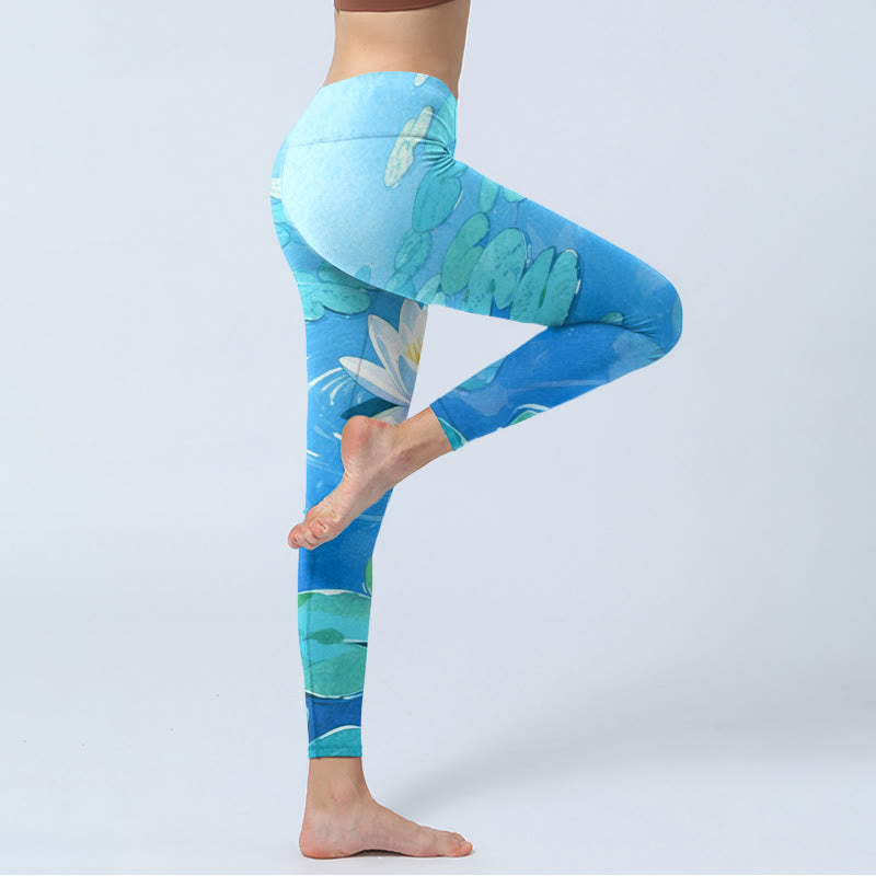 Buddha Stones White Lotus Flower Green Lotus Leaves Pattern Print Gym Leggings Women's Yoga Pants - image 5