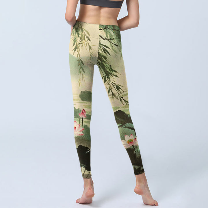 Buddha Stones Pink Lotus Flower Lotus Leaves Willow Branch Pattern Print Gym Leggings Women's Yoga Pants - image 7