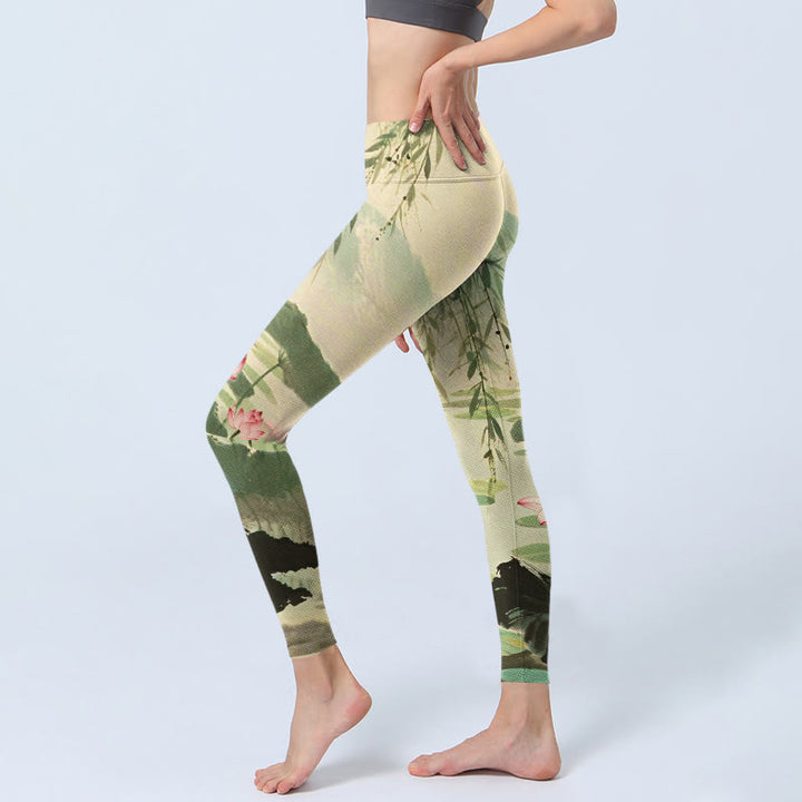 Buddha Stones Pink Lotus Flower Lotus Leaves Willow Branch Pattern Print Gym Leggings Women's Yoga Pants - image 3