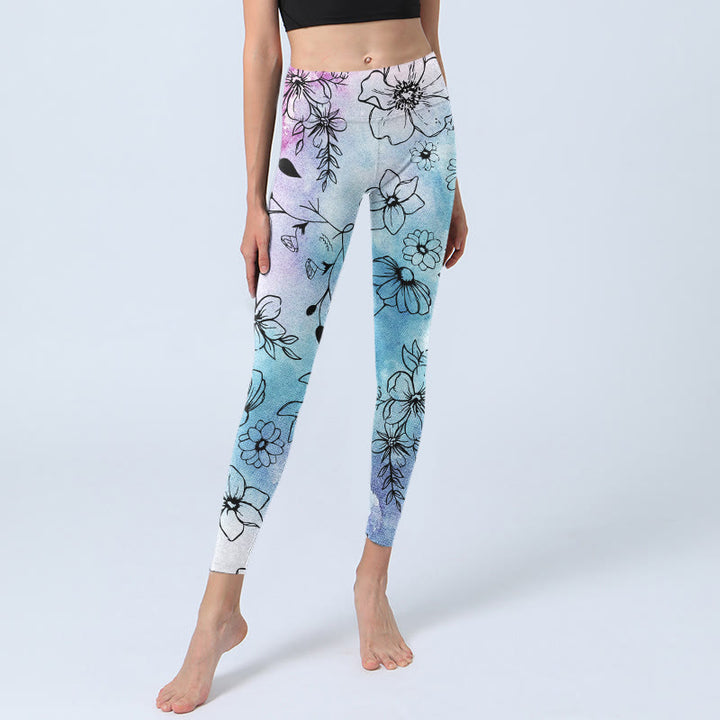 Buddha Stones Black Line-Drawn Flower Leaves Pattern Print Gym Leggings Women's Yoga Pants - image 6