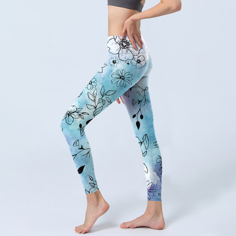 Buddha Stones Black Line-Drawn Flower Leaves Pattern Print Gym Leggings Women's Yoga Pants - image 3
