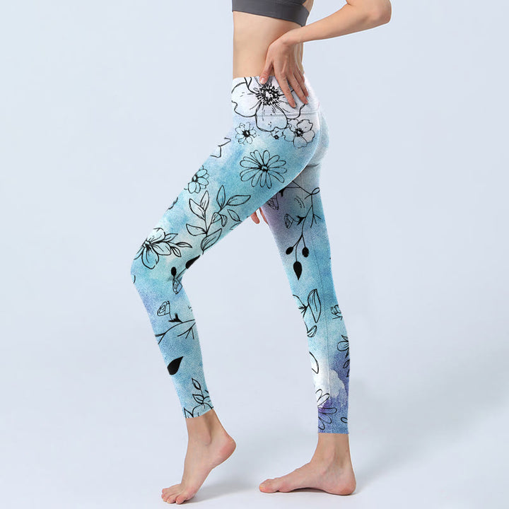 Buddha Stones Black Line-Drawn Flower Leaves Pattern Print Gym Leggings Women's Yoga Pants - image 3