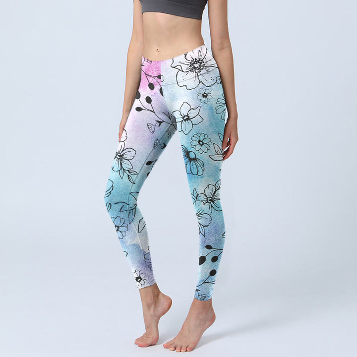 Buddha Stones Black Line-Drawn Flower Leaves Pattern Print Gym Leggings Women's Yoga Pants - LightSkyBlue - US18,UK/AU22,EU50 (4XL) - image 1