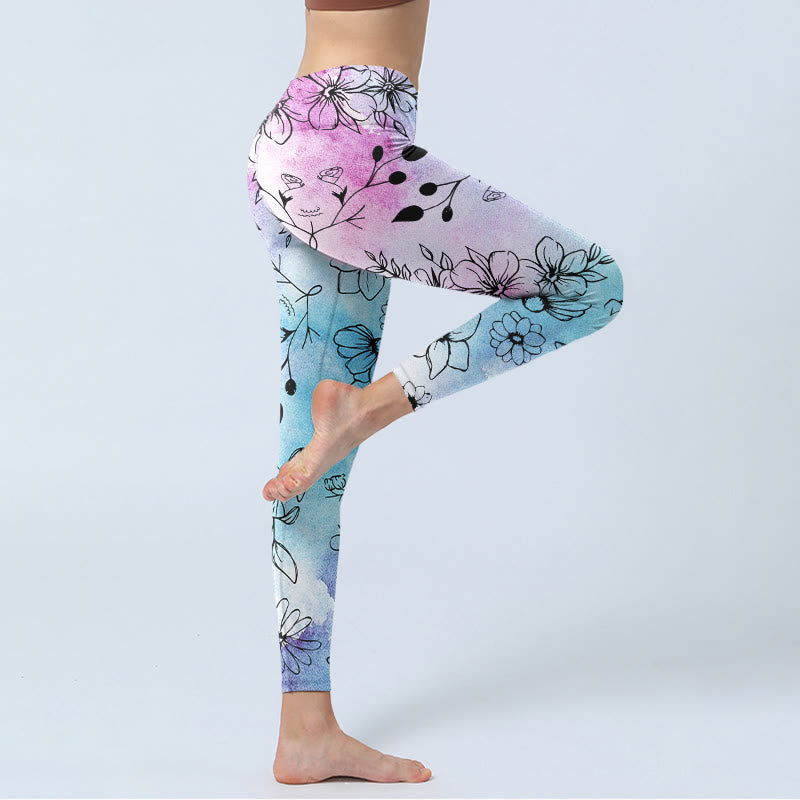 Buddha Stones Black Line-Drawn Flower Leaves Pattern Print Gym Leggings Women's Yoga Pants - image 5