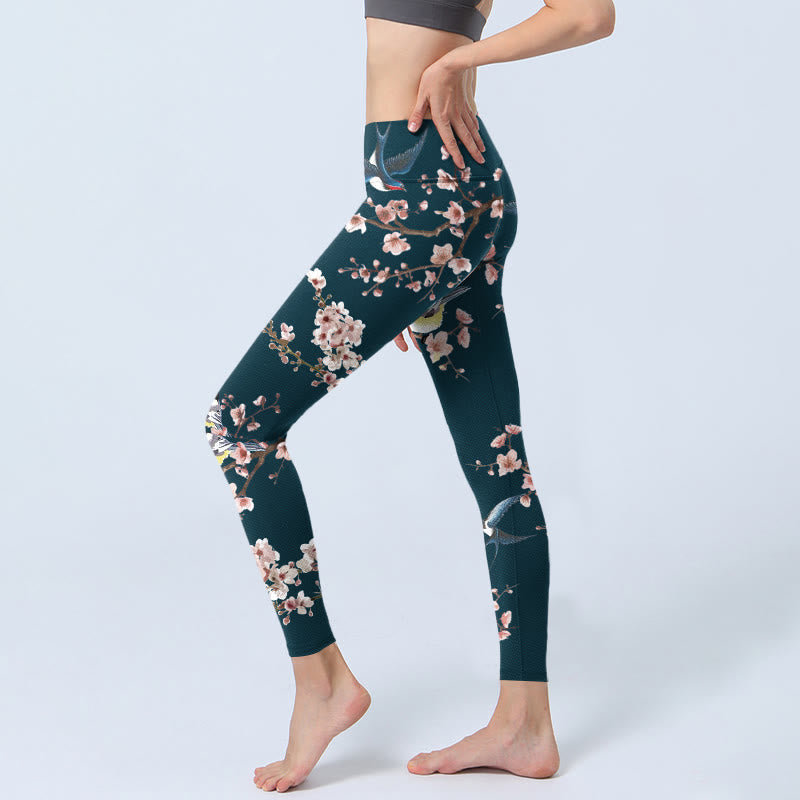 Buddha Stones Sparrow Swallow Peach Blossom Pattern Print Gym Leggings Women's Yoga Pants - image 3