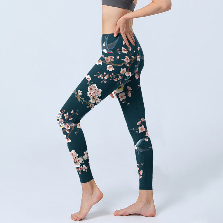 Buddha Stones Sparrow Swallow Peach Blossom Pattern Print Gym Leggings Women's Yoga Pants - image 3