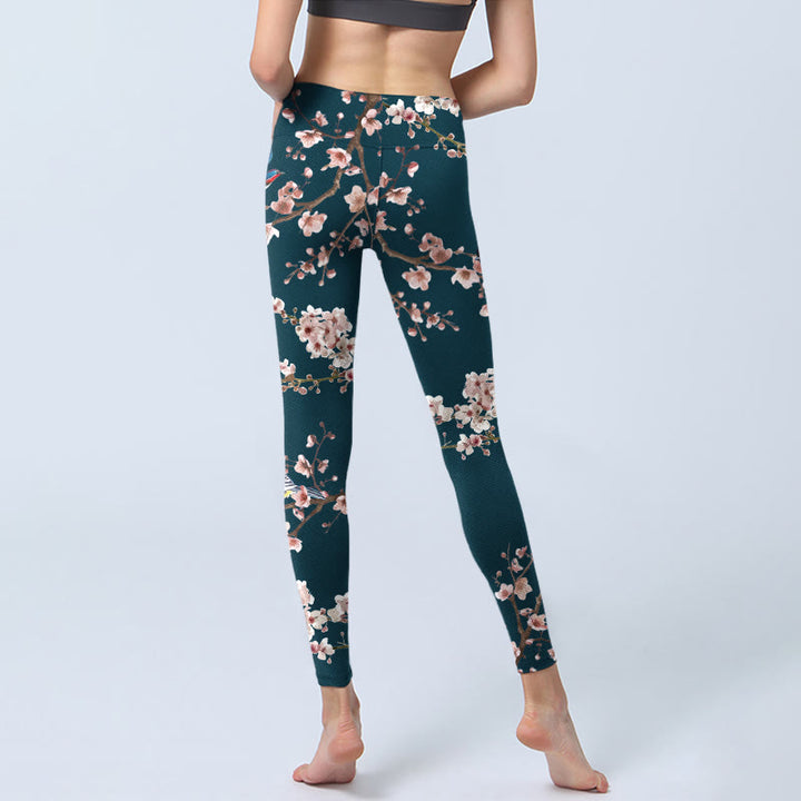 Buddha Stones Sparrow Swallow Peach Blossom Pattern Print Gym Leggings Women's Yoga Pants - image 7