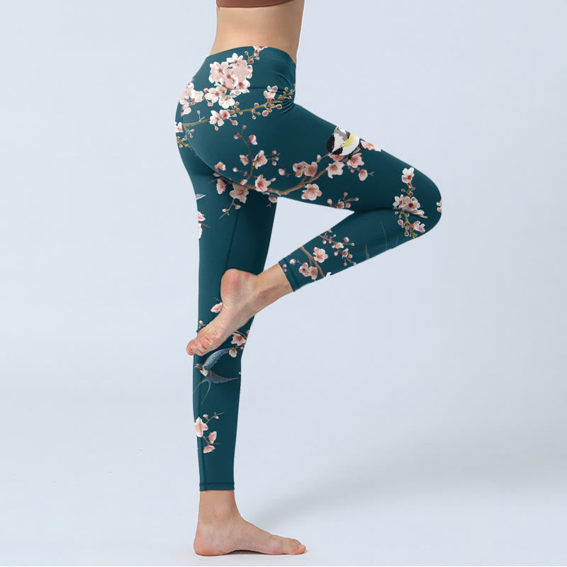Buddha Stones Sparrow Swallow Peach Blossom Pattern Print Gym Leggings Women's Yoga Pants - image 5