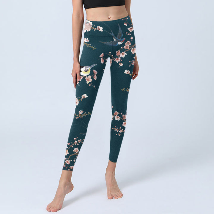Buddha Stones Sparrow Swallow Peach Blossom Pattern Print Gym Leggings Women's Yoga Pants - image 6