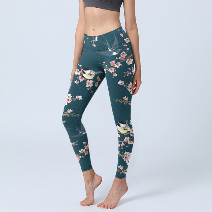 Buddha Stones Sparrow Swallow Peach Blossom Pattern Print Gym Leggings Women's Yoga Pants - DarkSlateGray - US18,UK/AU22,EU50 (4XL) - image 1