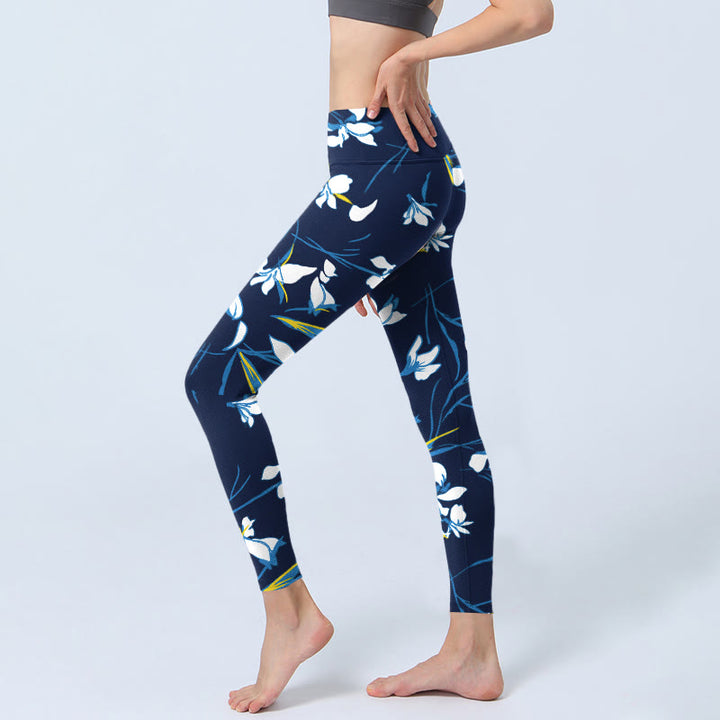 Buddha Stones White Blossom Leaves Pattern Print Gym Leggings Women's Yoga Pants - image 3