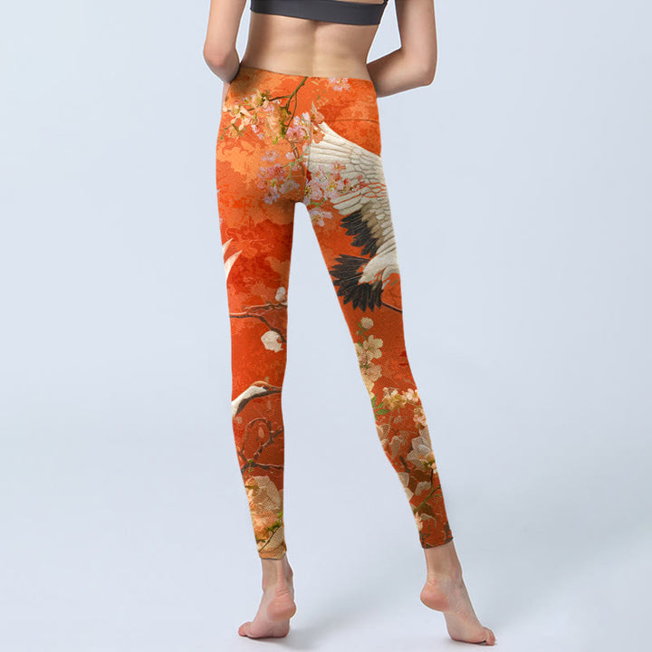 Buddha Stones Red-Crowned Crane Cherry Blossom Lotus Flower Pattern Print Gym Leggings Women's Yoga Pants - image 4