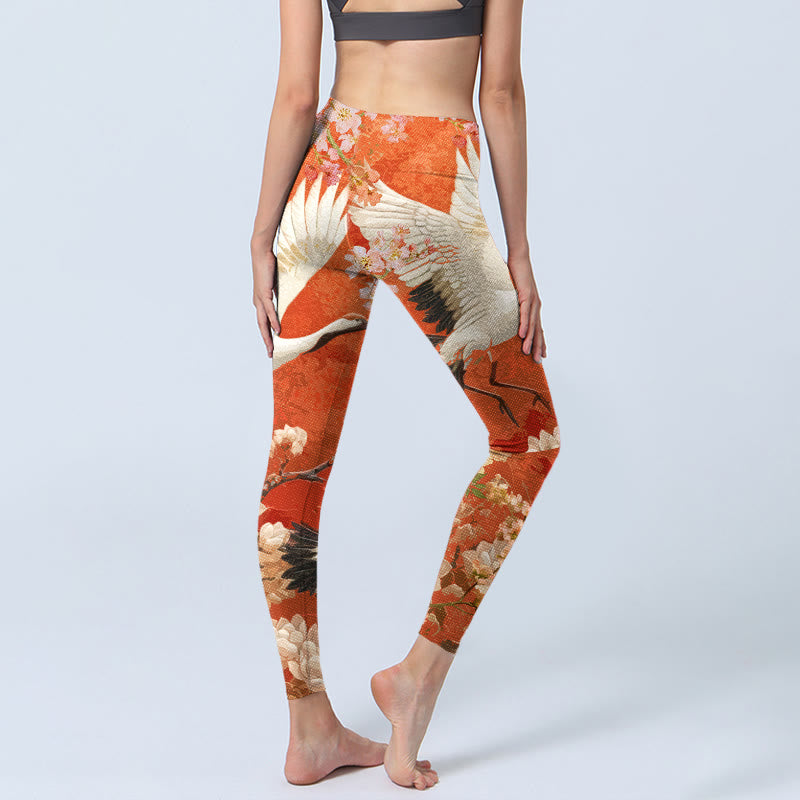 Buddha Stones Red-Crowned Crane Cherry Blossom Lotus Flower Pattern Print Gym Leggings Women's Yoga Pants - image 7
