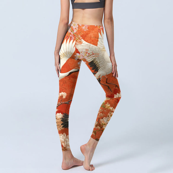Buddha Stones Red-Crowned Crane Cherry Blossom Lotus Flower Pattern Print Gym Leggings Women's Yoga Pants - image 7