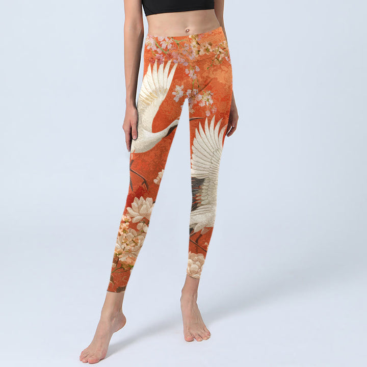Buddha Stones Red-Crowned Crane Cherry Blossom Lotus Flower Pattern Print Gym Leggings Women's Yoga Pants - image 6