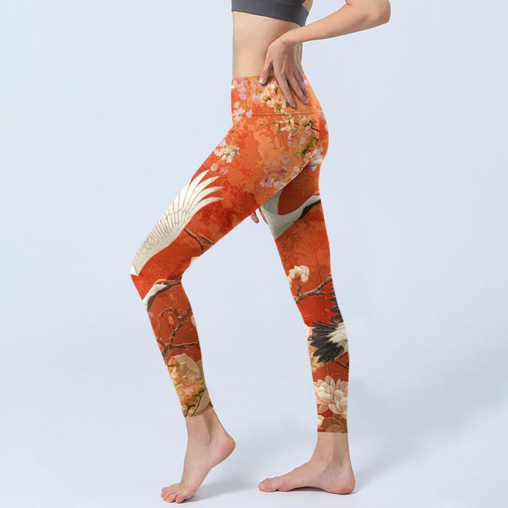 Buddha Stones Red-Crowned Crane Cherry Blossom Lotus Flower Pattern Print Gym Leggings Women's Yoga Pants - image 3