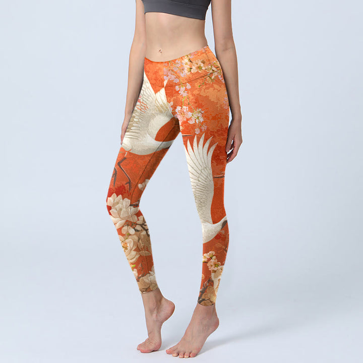 Buddha Stones Red-Crowned Crane Cherry Blossom Lotus Flower Pattern Print Gym Leggings Women's Yoga Pants - OrangeRed - US18,UK/AU22,EU50 (4XL) - image 1
