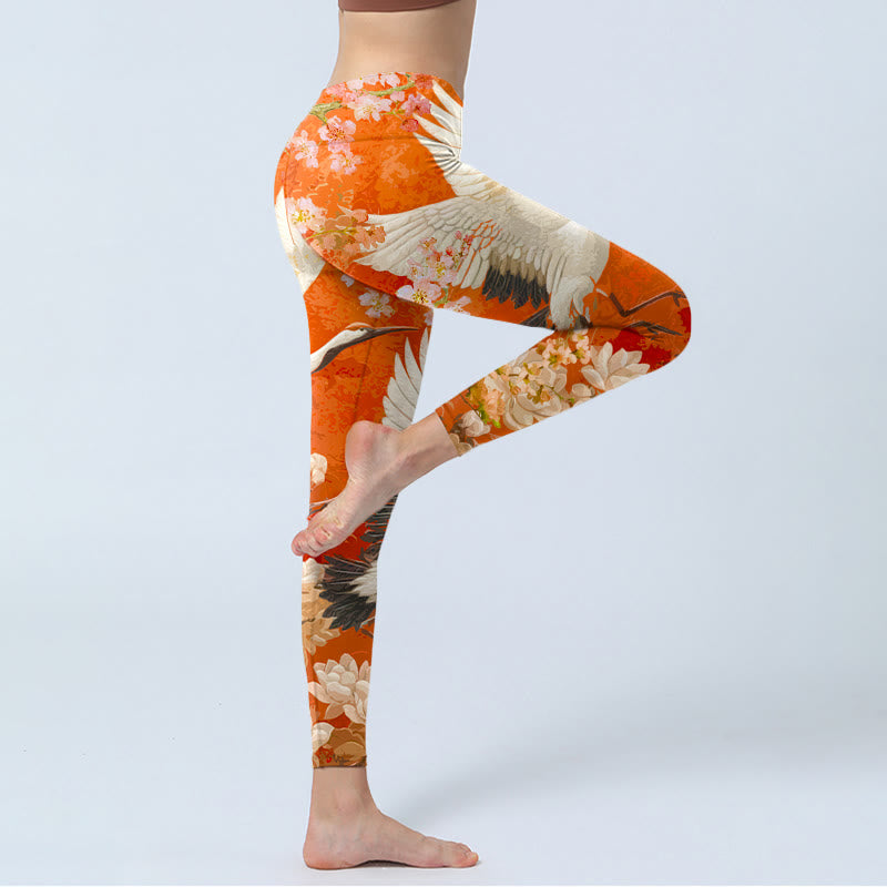 Buddha Stones Red-Crowned Crane Cherry Blossom Lotus Flower Pattern Print Gym Leggings Women's Yoga Pants - image 5