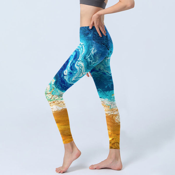 Buddha Stones Ocean Wave Golden Shore Pattern Print Gym Leggings Women's Yoga Pants - image 3