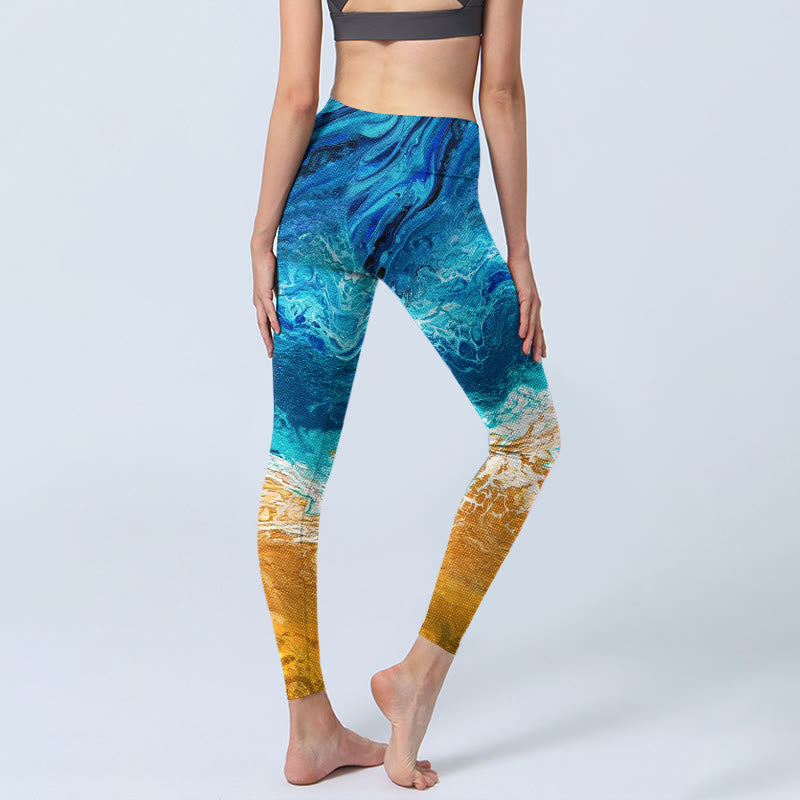 Buddha Stones Ocean Wave Golden Shore Pattern Print Gym Leggings Women's Yoga Pants - image 4