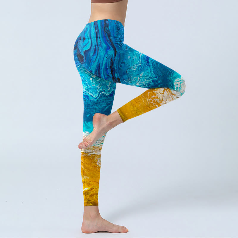 Buddha Stones Ocean Wave Golden Shore Pattern Print Gym Leggings Women's Yoga Pants - image 5