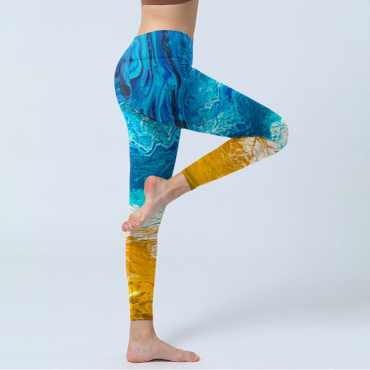 Buddha Stones Ocean Wave Golden Shore Pattern Print Gym Leggings Women's Yoga Pants - image 5