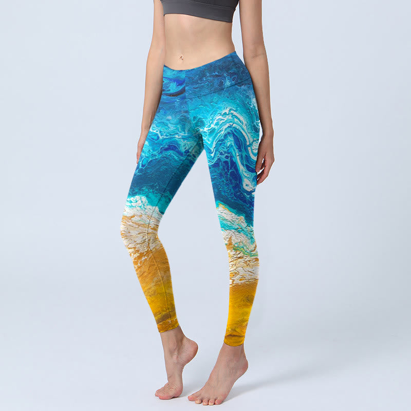 Buddha Stones Ocean Wave Golden Shore Pattern Print Gym Leggings Women's Yoga Pants - MediumBlue - US18,UK/AU22,EU50 (4XL) - image 1