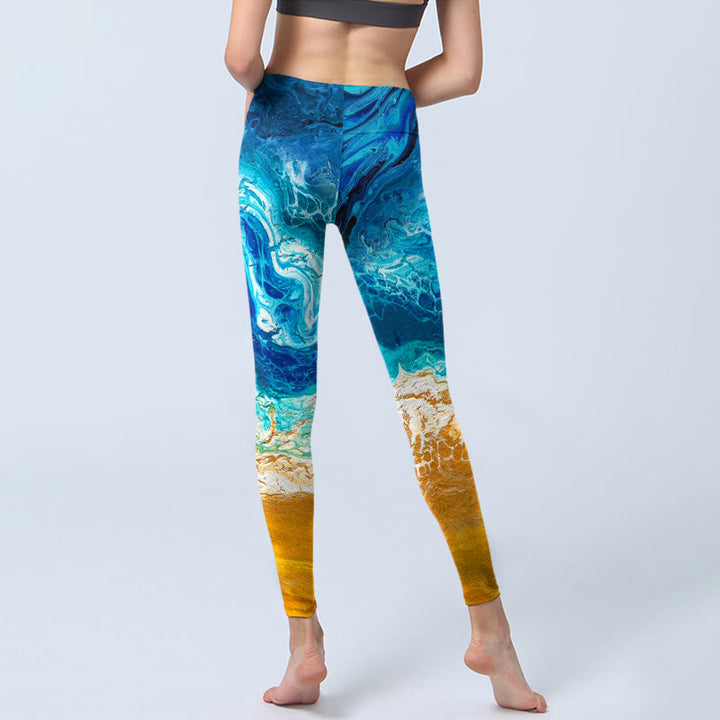 Buddha Stones Ocean Wave Golden Shore Pattern Print Gym Leggings Women's Yoga Pants - image 7