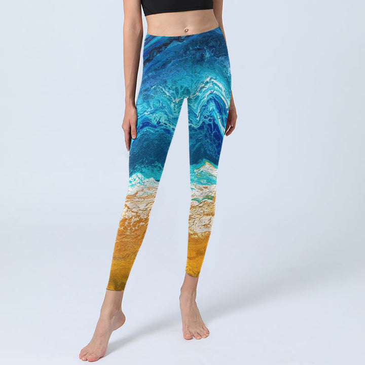 Buddha Stones Ocean Wave Golden Shore Pattern Print Gym Leggings Women's Yoga Pants - image 6
