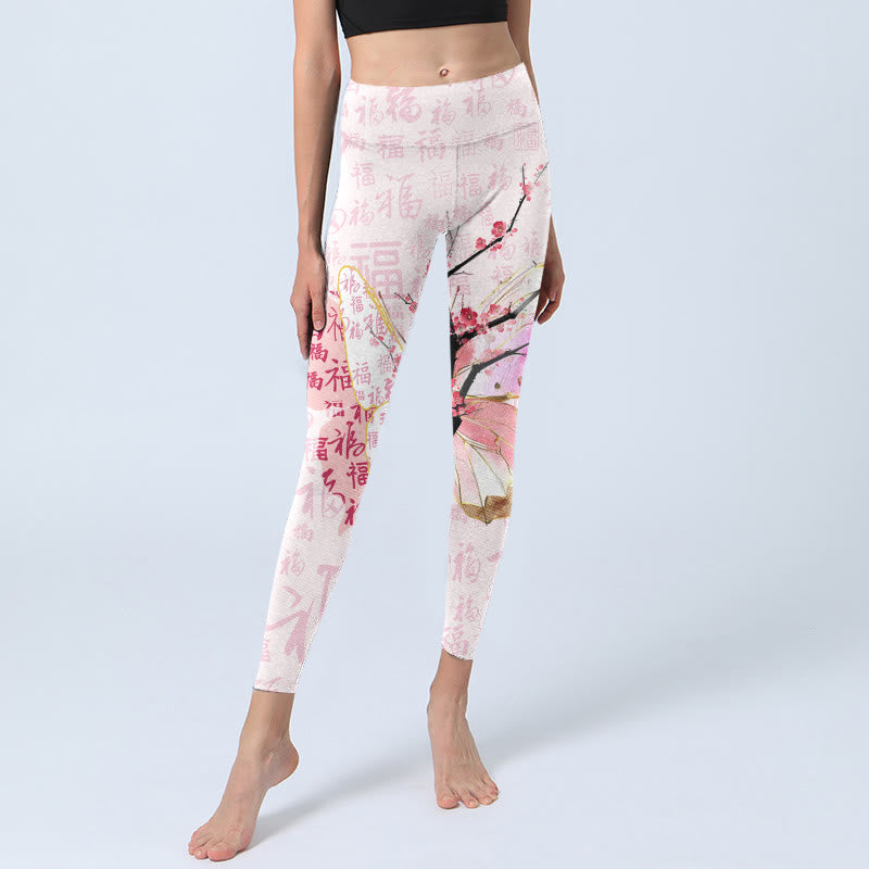 Buddha Stones Butterfly Plum Blossom Fu Character Pattern Print Gym Leggings Women's Yoga Pants - image 6